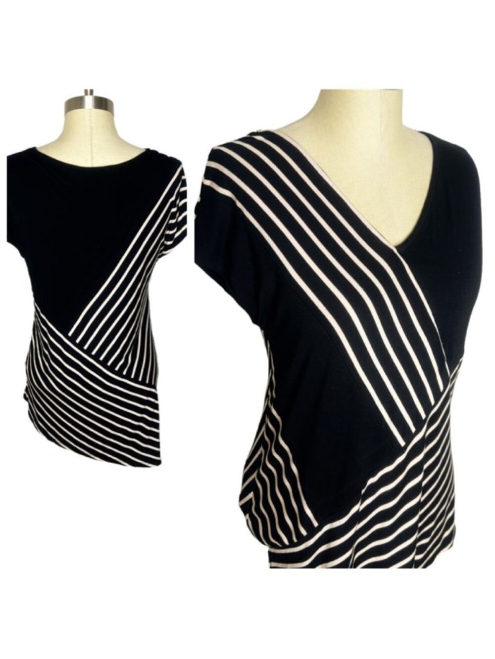 Cable & Gauge Top Womens Size M Black Ivory Striped V-Neck Asymmetrical Hem